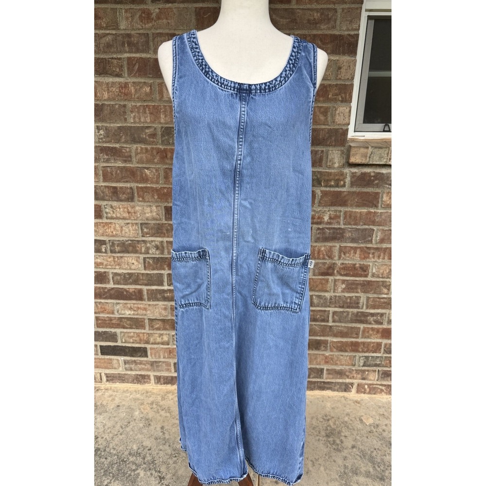 VTG Denim Jean Dress Overall Jumper Maxi Pockets Grunge Cottagecore Large FLAWS